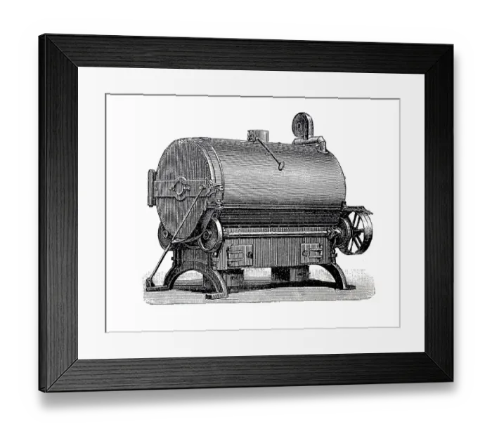 Framed Print : Machinery for processing tobacco 1890: Roasting machine Framed Print : Machinery for processing tobacco 1890: Roasting machine