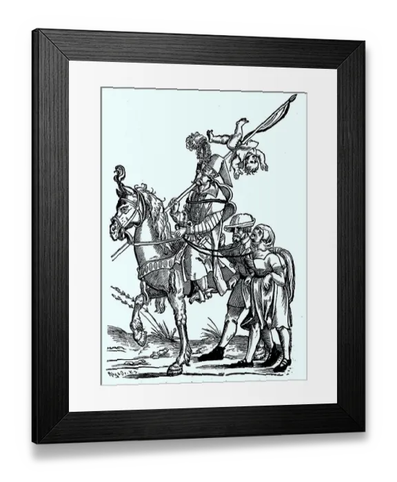 Framed Print : Turkish warrior on horseback with captured Austrian peasants from the time of Vienna's first defeat by the Turks