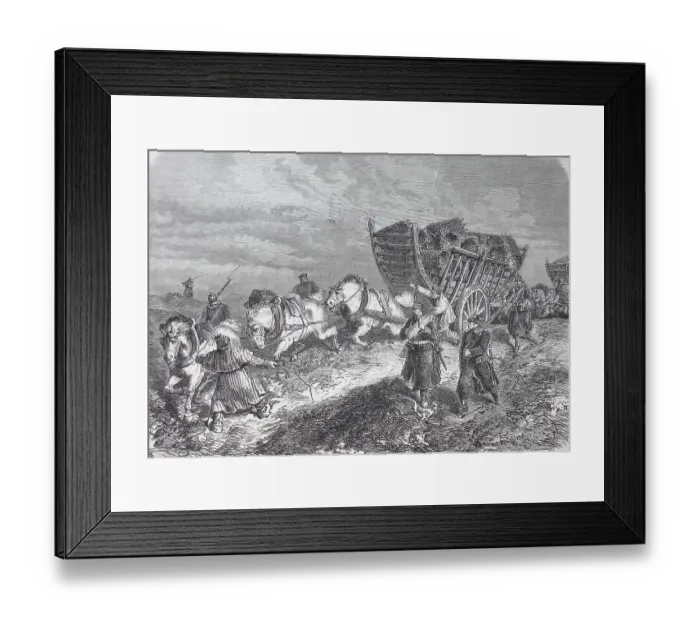 Framed Print : Horse-drawn carriage with loaded wagon