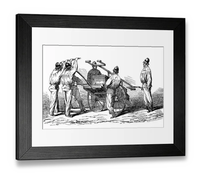 Framed Print : Firemen around 1870, Unloading a Water Sprayer