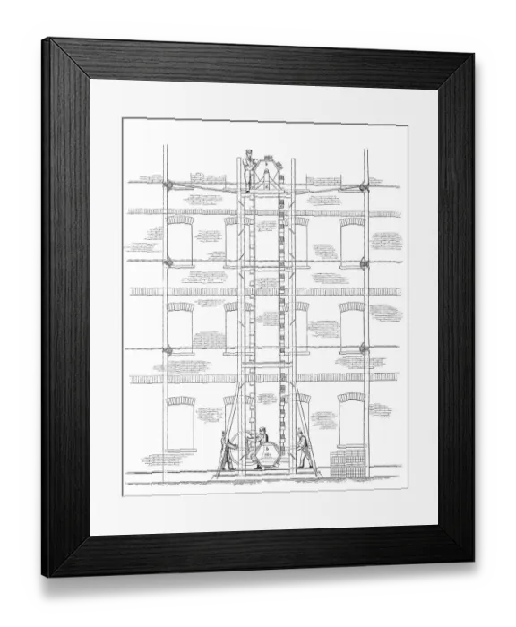 Framed Print : Drawing of a machine for conveying bricks in house construction
