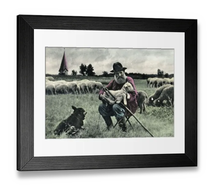 Framed Print : Old postcard, kitsch, an old shepherd holding a lamb in his arms Framed Print : Old postcard, kitsch, an old shepherd holding a lamb in his arms