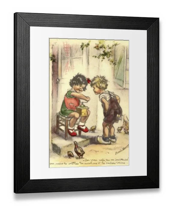 Framed Print : Postcard, Kitsch, two children with a coffee grinder Framed Print : Postcard, Kitsch, two children with a coffee grinder