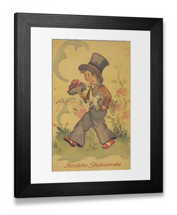 Framed Print : Historic postcard with a boy with a bouquet of flowers and a small dog