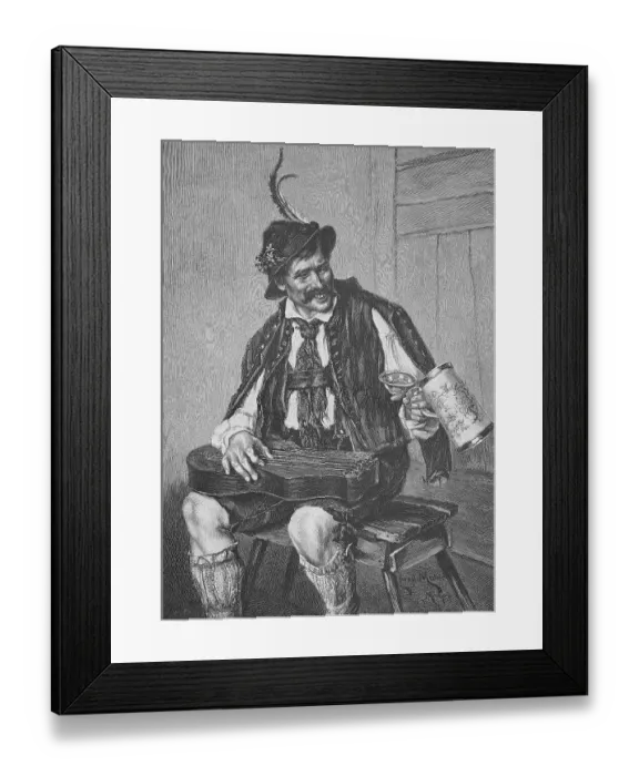 Framed Print : Bavarian musician with zither and beer mug
