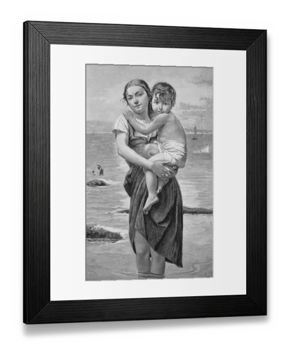 Framed Print : Holiday by the sea, young mother standing with her legs in the water holding her son who is afraid of the sea
