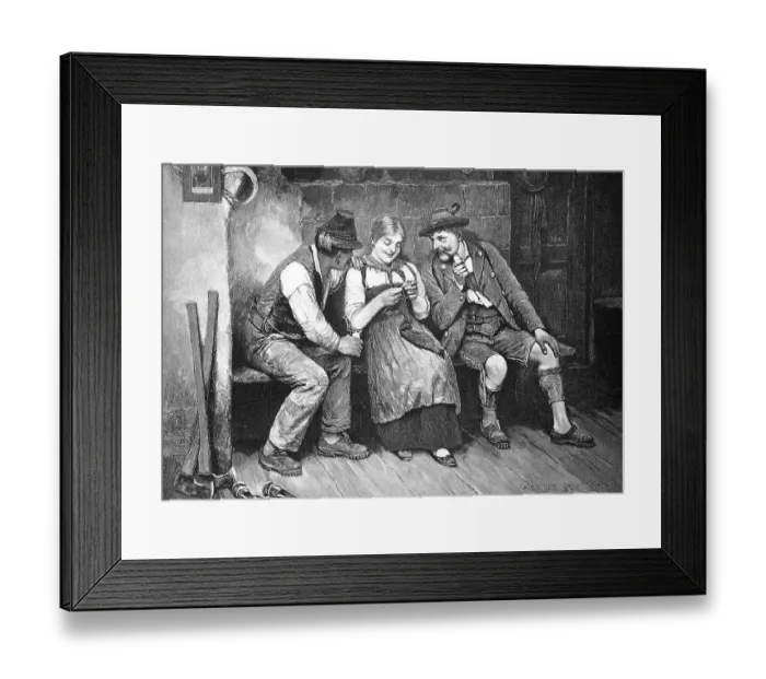Framed Print : A warm place, at the tiled stove the farmer's daughter is sitting and knitting Framed Print : A warm place, at the tiled stove the farmer's daughter is sitting and knitting