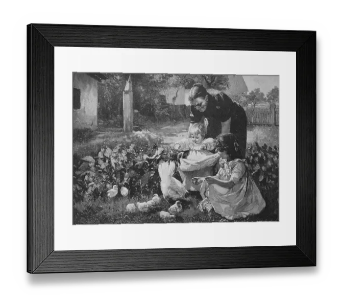 Framed Print : Grandmother showing the baby the freshly hatched chicks