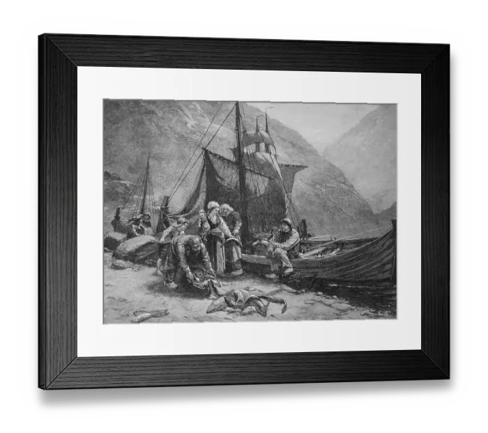 Framed Print : Norwegian fishermen are back in the harbour with their catch and are unloading the fish from the boat