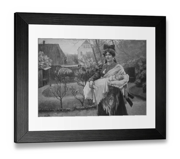 Framed Print : Woman in Sunday traditional costume holding the newborn baby in her arms on her first outing outdoors Framed Print : Woman in Sunday traditional costume holding the newborn baby in her arms on her first outing outdoors