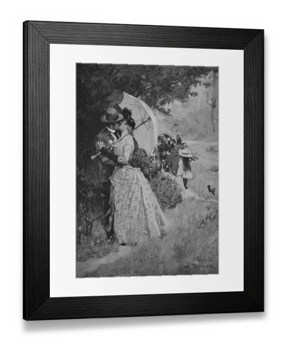 Framed Print : A favourable moment, couple kissing under an umbrella