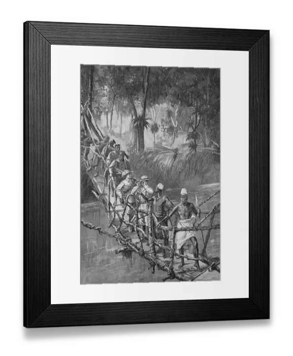 Framed Print : Explorers and natives crossing a liana bridge in Cameroon