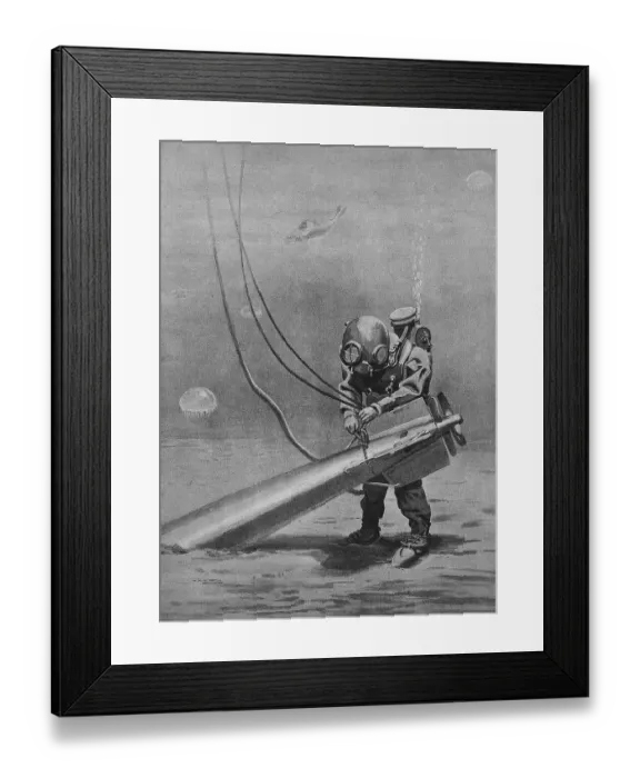 Framed Print : Diver tying up a torpedo stuck in the mud Framed Print : Diver tying up a torpedo stuck in the mud