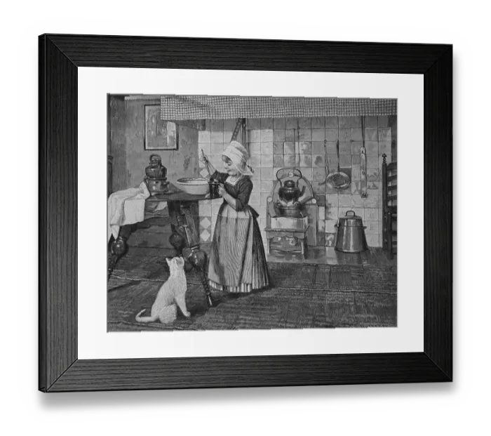 Framed Print : Mother cat, girl standing in the kitchen with a cup of milk