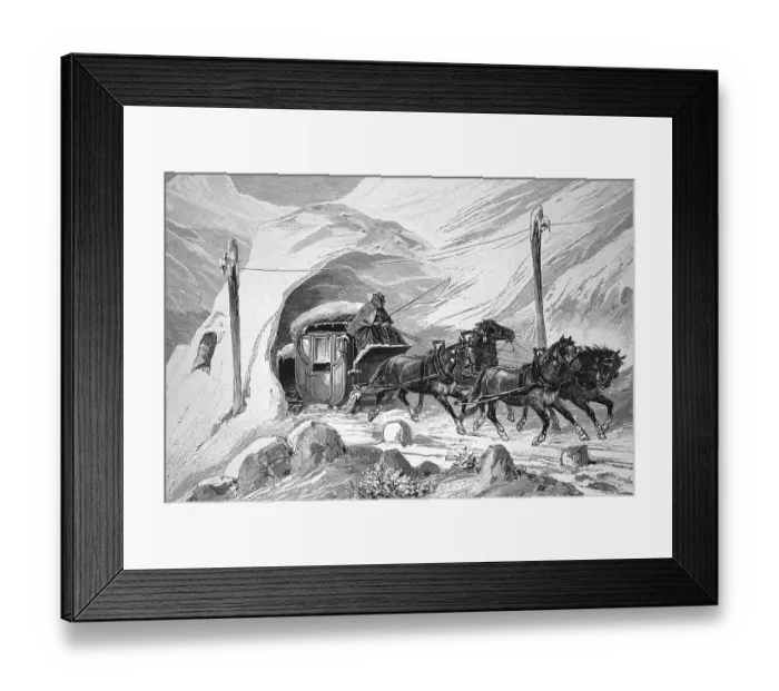 Framed Print : Horse-drawn carriage driving through a snow tunnel on the Albula Pass