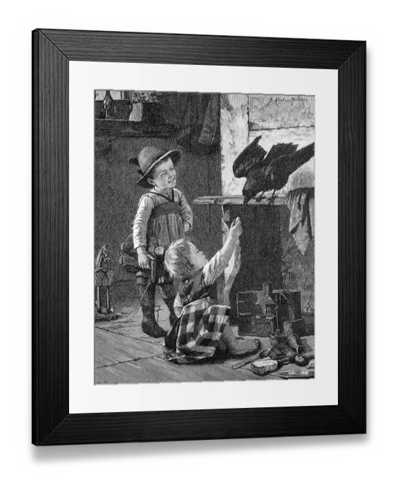 Framed Print : The Playmate, Children Playing with a Tame Crow in the House Framed Print : The Playmate, Children Playing with a Tame Crow in the House