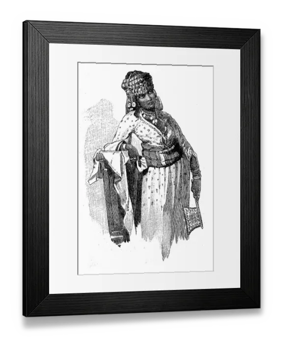 Framed Print : Arab nomad woman, with gold embroidered headscarf with black woollen fringes from which hang large silver rings