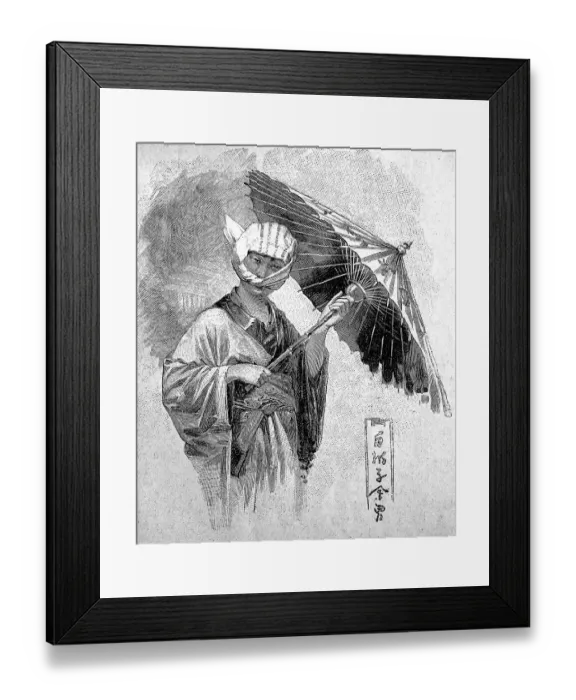 Framed Print : Japanese girl in street clothes with muslin headscarf and parasol in 1880