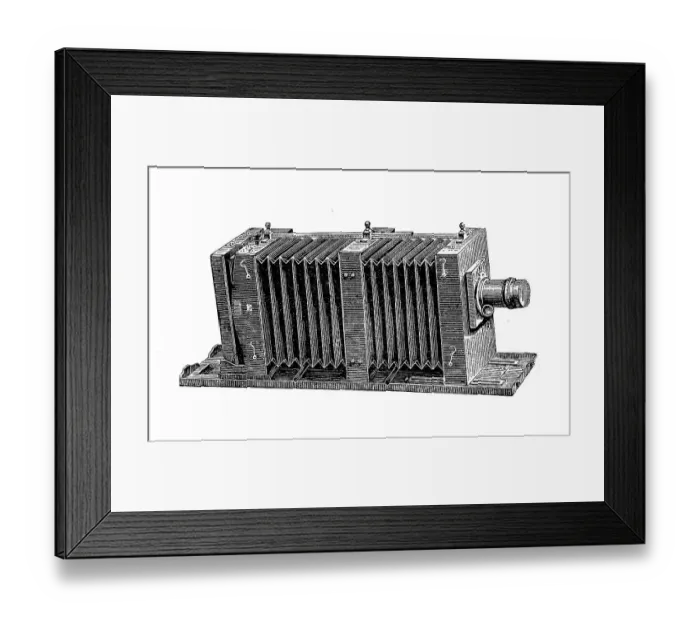 Framed Print : Photographic camera obscura with double bellows extension Framed Print : Photographic camera obscura with double bellows extension