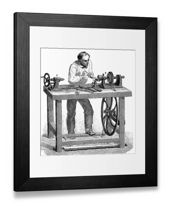 Framed Print : Man working at a lathe, lathe, for woodworking Framed Print : Man working at a lathe, lathe, for woodworking