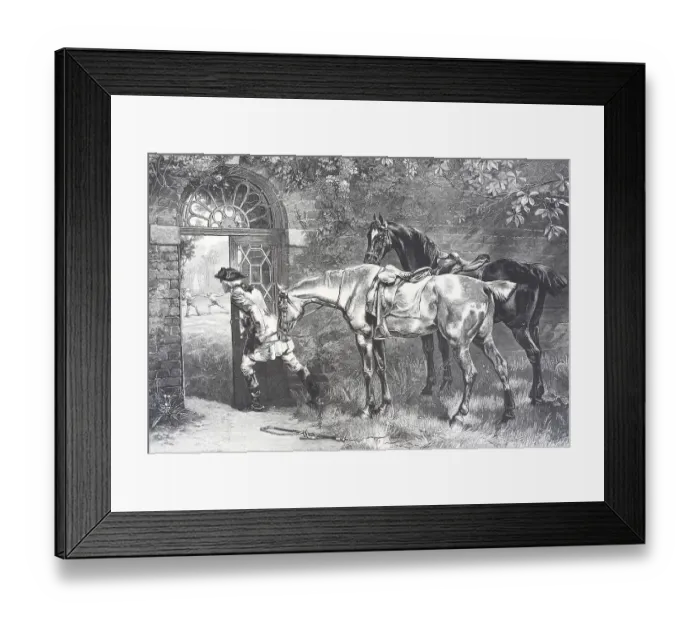 Framed Print : Suspense, Soldier with two horses looking on at a fencing duel in the garden