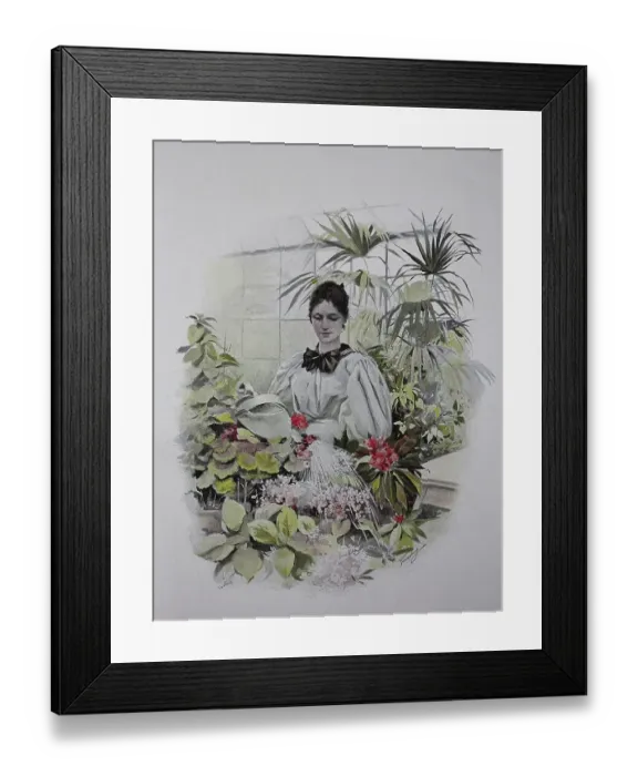 Framed Print : Woman Watering Flowers in a Greenhouse Framed Print : Woman Watering Flowers in a Greenhouse