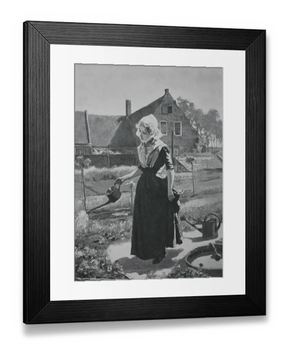 Framed Print : Girl Watering in the House Garden