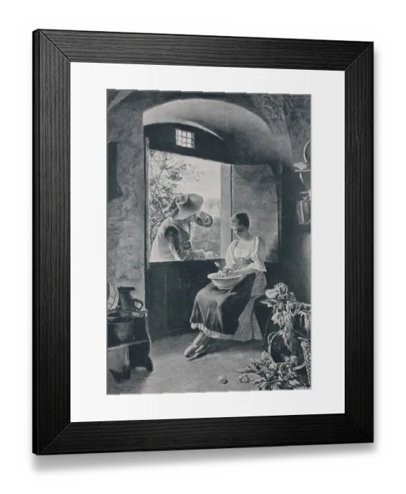 Framed Print : Man flirting through werner schwab (offene Fenster) with a woman doing kitchen work