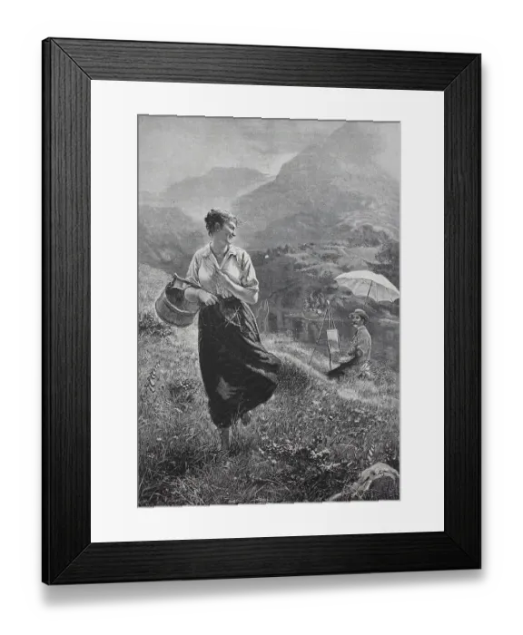 Framed Print : Young woman meets a painter on the alpine pasture