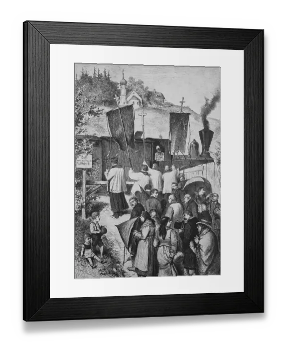 Framed Print : At the railway crossing, a church procession with processional flags must wait and let the train pass