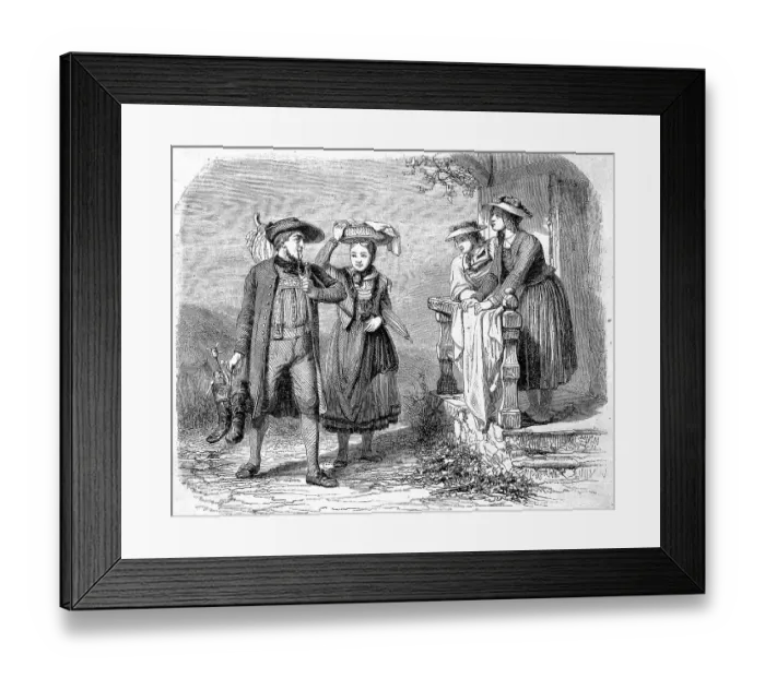 Framed Print : Three woman and a man in traditional costumes from Bavaria and Baden in the 19th century