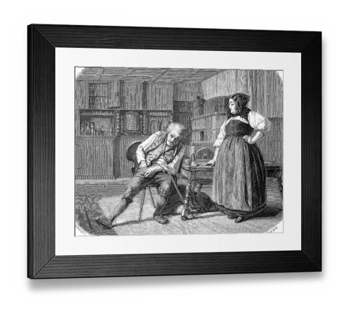 Framed Print : Old man in an inn in France, looking in his pocket for money to pay his bill Framed Print : Old man in an inn in France, looking in his pocket for money to pay his bill