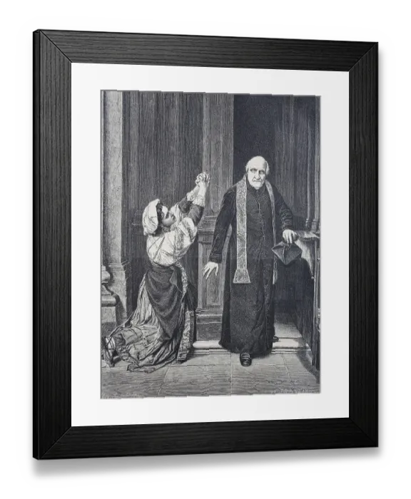 Framed Print : Woman prays with folded hands and priest walks out of the confessional Framed Print : Woman prays with folded hands and priest walks out of the confessional