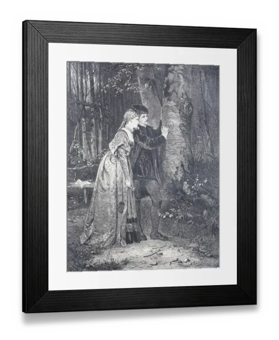 Framed Print : Couple in love in the forest together carving a heart with their initials into a tree trunk Framed Print : Couple in love in the forest together carving a heart with their initials into a tree trunk