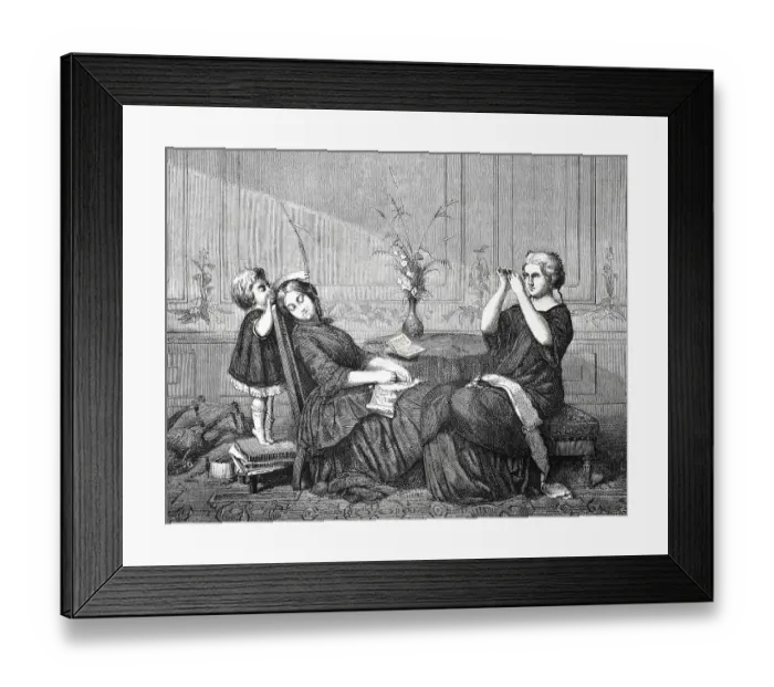 Framed Print : Orphan teasing his sleeping nanny with a blade of grass in 1870 Framed Print : Orphan teasing his sleeping nanny with a blade of grass in 1870