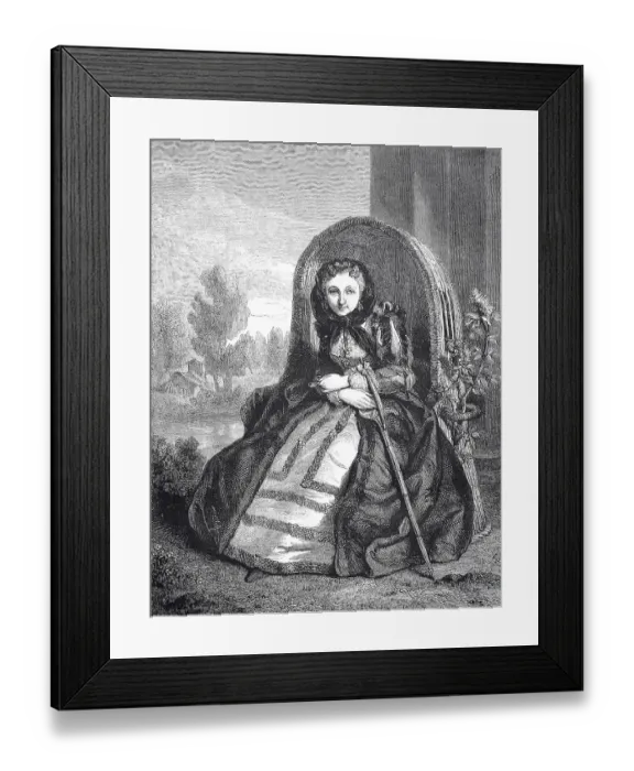 Framed Print : Young woman in the disguise of an old woman in an armchair in the garden Framed Print : Young woman in the disguise of an old woman in an armchair in the garden