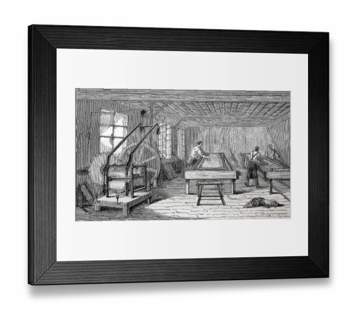 Framed Print : Production of silk fabrics, application of a primer to give the silk a better sheen