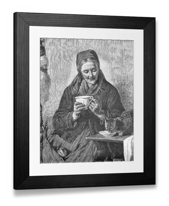 Framed Print : Old woman pouring some milk into the saucer for the house cat Framed Print : Old woman pouring some milk into the saucer for the house cat