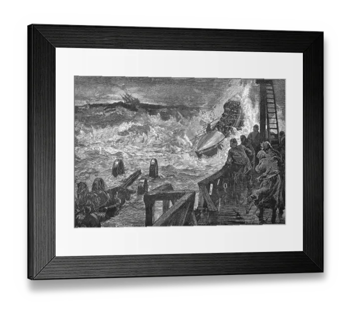 Framed Print : A lifeboat is launched in heavy seas
