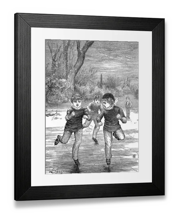 Framed Print : Children skating on the frozen lake
