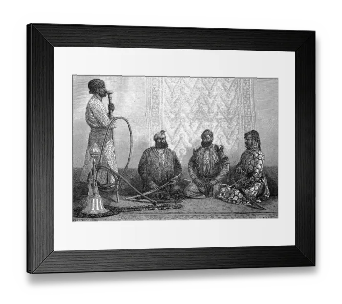 Framed Print : Men smoking hookah in a Hindustan teahouse in 1880
