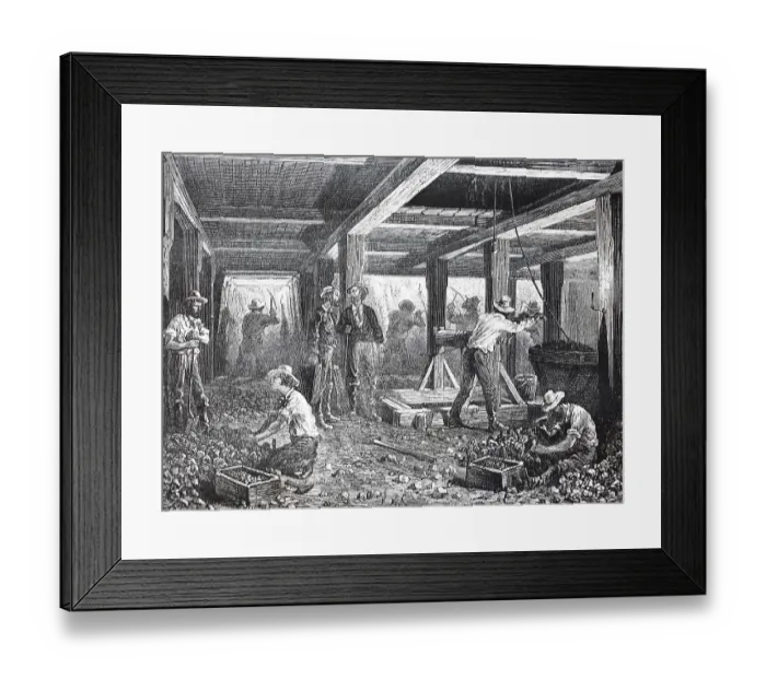 Framed Print : Workers in the silver mines of Nevada in 1880