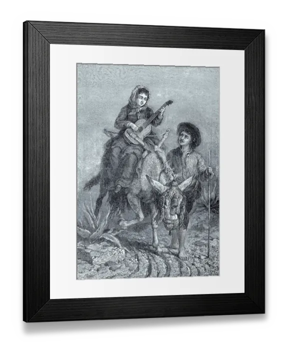 Framed Print : Peasants in Spain, she is riding a donkey and playing the guitar Framed Print : Peasants in Spain, she is riding a donkey and playing the guitar