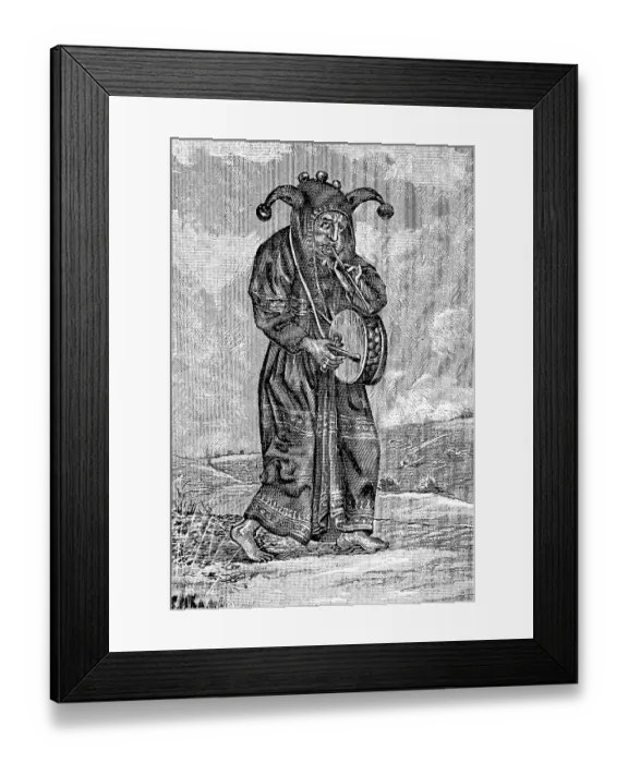 Framed Print : The Fool, with drum and flute, long coat with bell-trimmed hood
