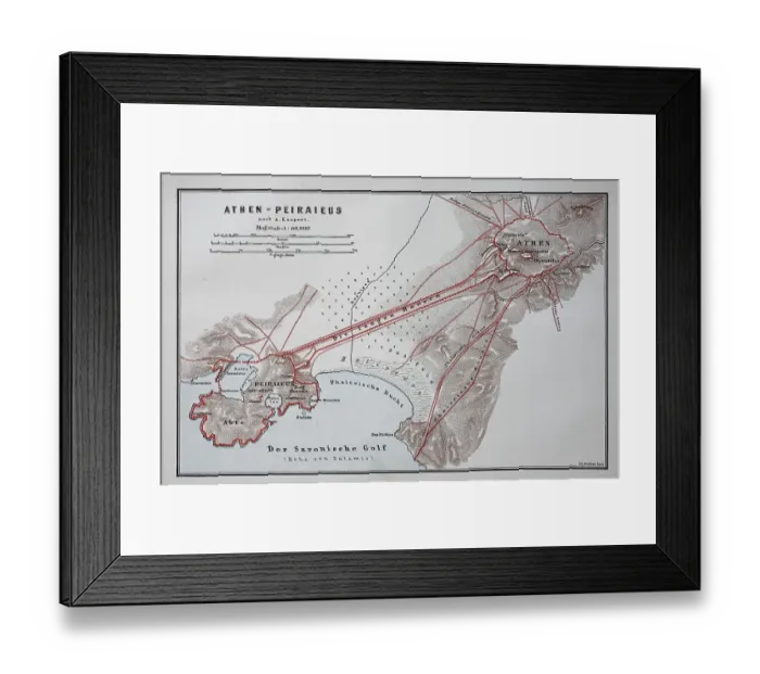 Framed Print : Old map of Athens and Peiraieus