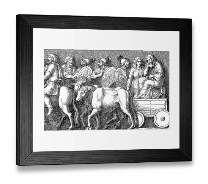 Framed Print : In a Germanic ox cart the woman follow the army procession