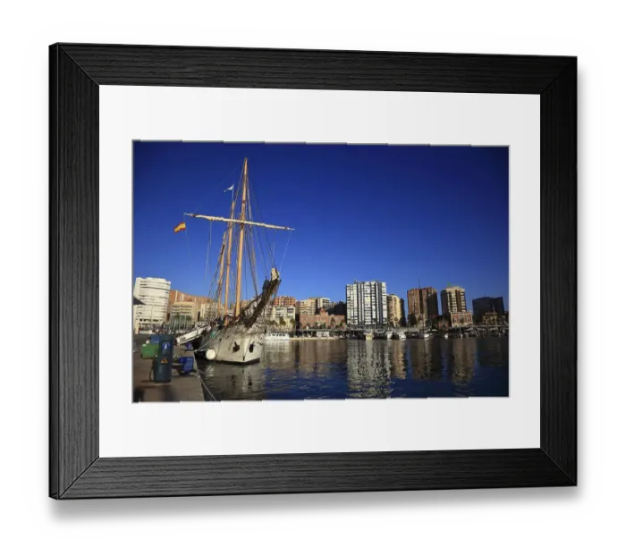 Framed Print : Malaga, sailing ship in the harbour at the pier
