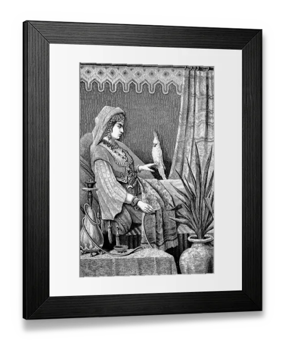 Framed Print : Noble Arab Woman with a Parrot and Water Pipe from Baghdad Framed Print : Noble Arab Woman with a Parrot and Water Pipe from Baghdad