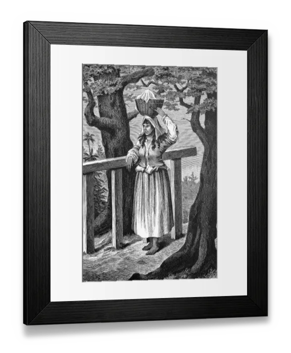 Framed Print : Peasant woman from Peru carrying basket on her head