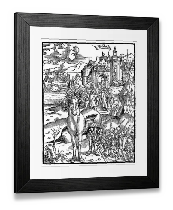 Framed Print : The Trojan Horse. The Greeks mount the wooden horse at the siege of Troy Framed Print : The Trojan Horse. The Greeks mount the wooden horse at the siege of Troy